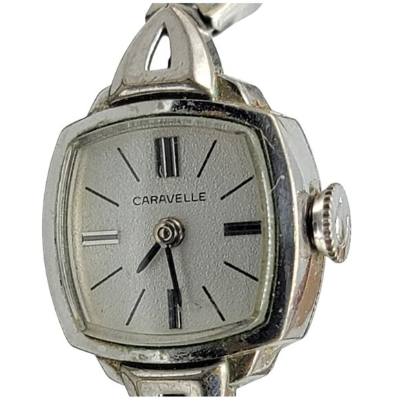 Carvelle Ladies Cocktail Wind Watch 10kgp Silver Tone 17mm Square Dial 6.5" 1974 - Picture 15 of 16
